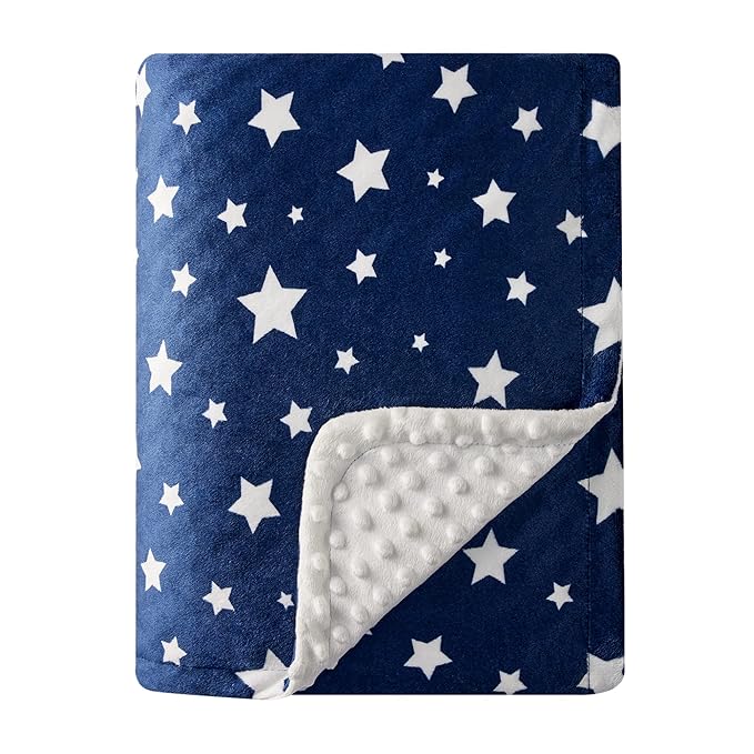 DaysU Silky Micro Soft Plush Baby Blankets Unisex with Print Star Pattern and Soothing Raised Dots, Double Layer Bed Throws for Baby Crib, Star, Navy, 30x40 Inches