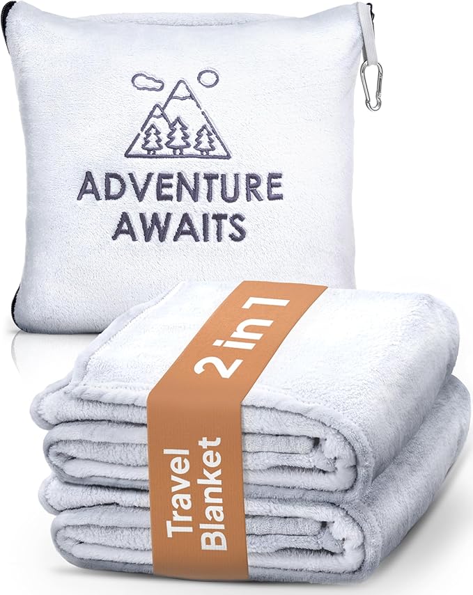 Travel Pillow & Blanket Set - Super Soft 2 in 1 Blanket with Cozy Hand & Feet Pouches Zip into Plush Pillows - Large Size Wraps You in Warmth on Airplanes - Luggage Sleeve & Backpack Clip (Gray)