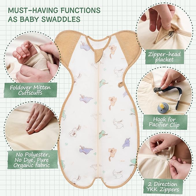 Organic Breathable Swaddle, Air Mesh for Feverish Babies, 0-3 Months, Up-Arm Sleep Position, (Small 7-13 lbs | Rabbit)
