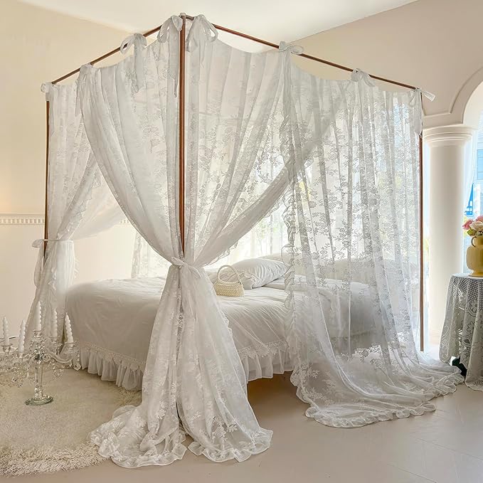Mengersi Canopy Bed Curtains with Tie Backs,Bed Canopy Curtains Bed Drapes Sheer Curtains for Bedroom Decor（Twin,White