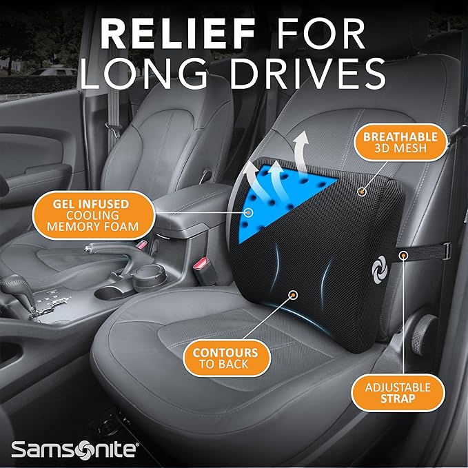 SAMSONITE Gel-Infused Memory Foam Lumbar Support Pillow with Enhanced Airflow Design for Cooling Experience, Fits Most Office Chairs and Car Seats, Lower Back Cushion for Enhanced Ergonomic Benefits…