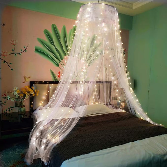 Eimilaly Lace Bed Canopy Mosquito Netting with Warm Lights, Princess Bed Canopy for Girls Room Decor, White/Single Door