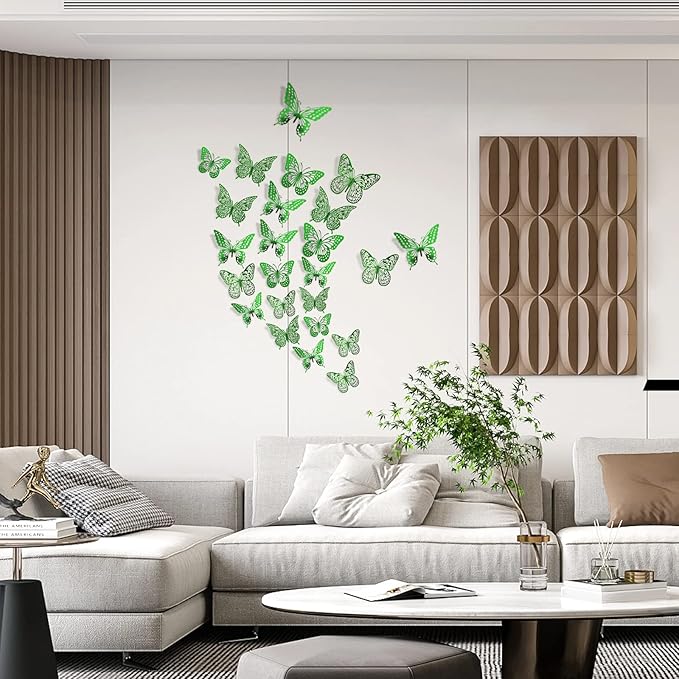 SAOROPEB 3D Butterfly Wall Decor 48 Pcs 4 Styles 3 Sizes, Green Butterfly Birthday Decorations Butterfly Party Decorations Butterfly Cake Decorations, Removable Stickers (Dark Green)