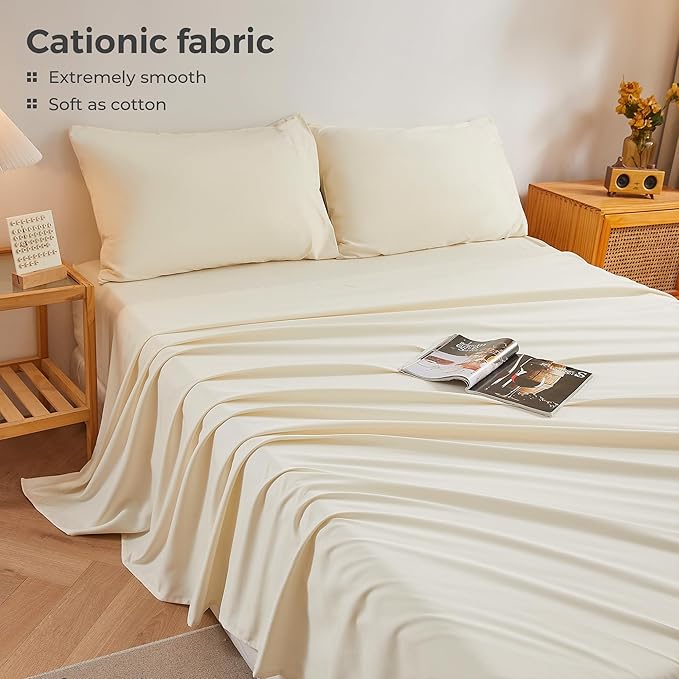 Twin Sheets Cream, Ultral Soft Cationic Linen Look Sheets, Luxury Cooling Cozy Bed Sheet Set with Non-Slip Fitted Sheet