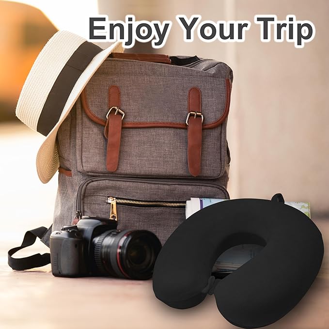 Neck Pillow for Airplane Travel, 100% Pure Memory Foam Travel Neck Pillow for Sleeping & Travel Essentials for Neck Rest, Black, Pack with Box