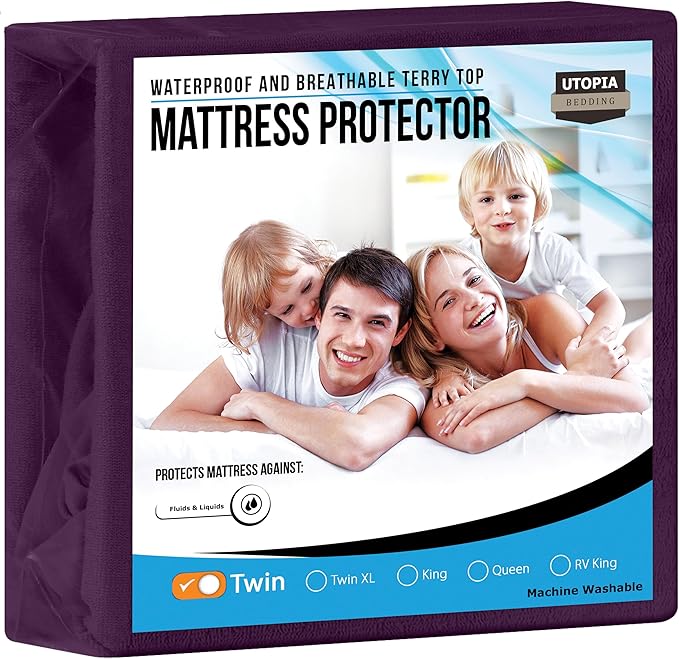 Utopia Bedding Waterproof Mattress Protector Twin Size, Premium Terry Mattress Cover 200 GSM, Breathable, Fitted Style with Stretchable Pockets (Purple)