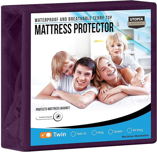 Utopia Bedding Waterproof Mattress Protector Twin Size, Premium Terry Mattress Cover 200 GSM, Breathable, Fitted Style with Stretchable Pockets (Purple)