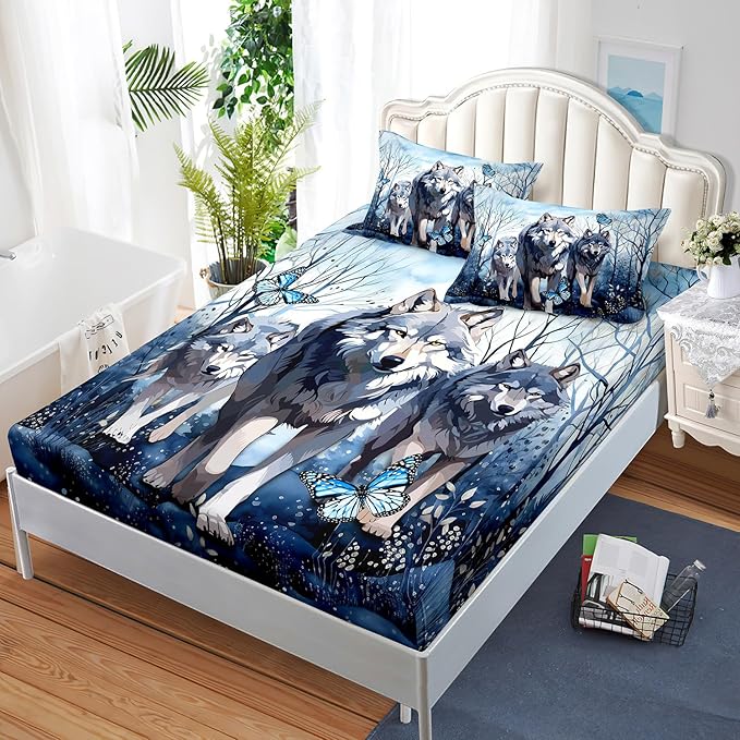 AILONEN Wolf Fitted Sheet Set Full Size for Boys Girls Animal Wolf Wildlife Bed Sheet Set,Tie Dye Wolf Fitted Sheet with 2 Pillowcases,3 Pieces Safari Wolves Print Bed Sheet Set