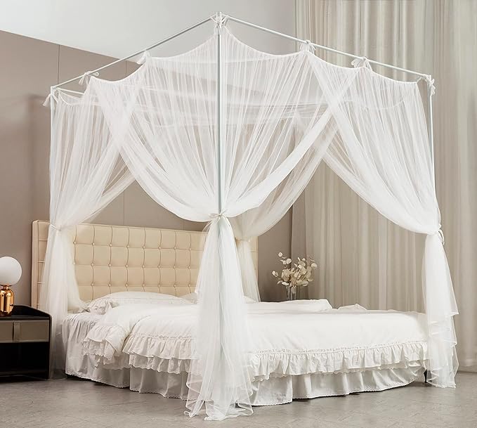 Mengersi Bed Canopy Mosquito Net for Bed,Canopy Bed Curtains Elegant Bed Drapes Screen Netting Canopy Curtains Bedroom Decor (White, California King)