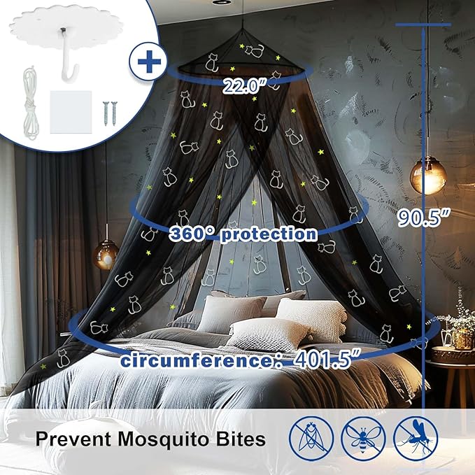 Daksha Black Princess Bed Canopy for Girls with Glowing Stars and Cats, Ceiling Tent for Kids Room Decor, Fits Twin, Full and Queen Size Beds