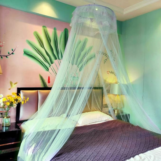 Eimilaly Lace Bed Canopy Mosquito Netting, Princess Bed Canopy for Girls Room Decor, Green/Single Door