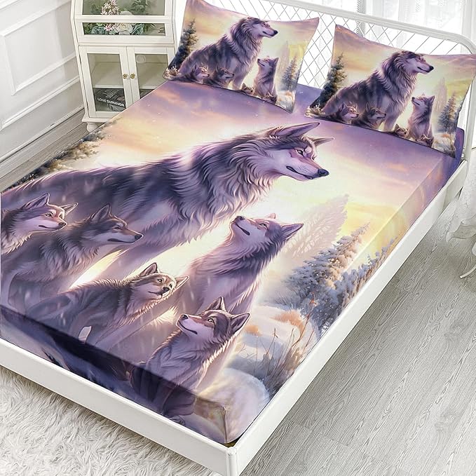 AILONEN Wolf Fitted Sheet Set Queen Snow Wolf Bed Sheet Set, Wolfmother and Wolf Pups Theme Bedding Set 3 Pieces Wildlife Wolf Sheet Set for Boys Girls,1 Fitted Sheet with 2 Pillowcases