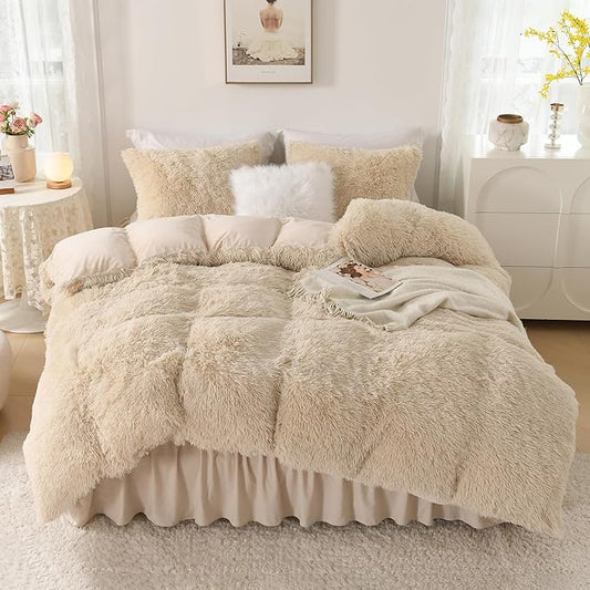 Litanika Beige Plush Comforter King Size, Luxury Fluffy Fuzzy Bedding Set for King Bed, Ultra Soft Velvet Shaggy Comforter 3 Pieces(1 Faux Fur Comforter 104×90 Inch, 2 Pillowcases)