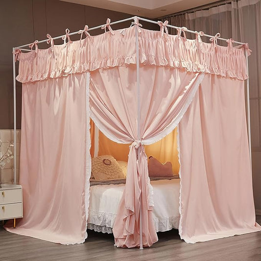 Ruffle Lace up 4 Corners Post Princess Curtain Bed Canopy Cozy Breathable Mosquito Net Cloth for Girls Adults Bedroom Decoration (Pink, 64" W*82" L*82" H/Queen)