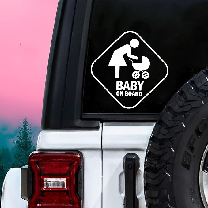 Baby on Board Sticker for Cars - Sticks Anywhere Including Windows - Cute Removable Baby in Car Sign Vinyl Sticker Decal for Car Window Bumper Decal (5 inch) (White)
