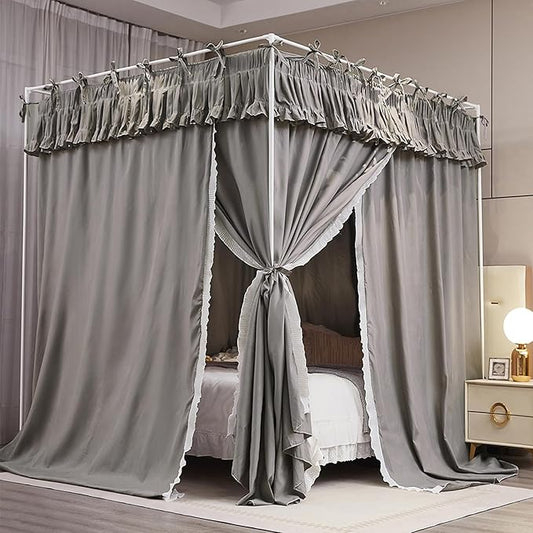 4 Corners Post Princess Ruffle Curtain Bed Canopy Lace Up Elastic Cozy Breathable Tent Mosquito Net for Girls Bedroom Decoration(Grey, 47-53" W*78" L*82"*H/Full)