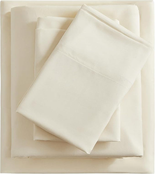 King Sheets Cream, Ultral Soft Cationic Linen Look Sheets, Luxury Cooling Cozy Bed Sheet Set with Non-Slip Fitted Sheet
