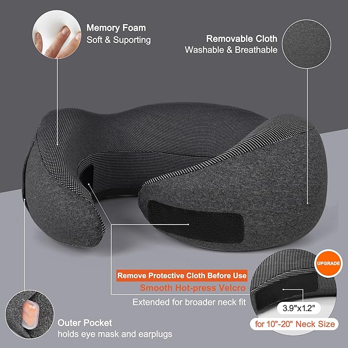 MULIHOMI™ New Packaging Updated Travel Pillow for Airplane with 100% Memory Foam, 360° Adjustable Full Surrounding Flying Neck Pillows, Travel Pillow Set with 3D Eye Masks, Earplugs (Black)