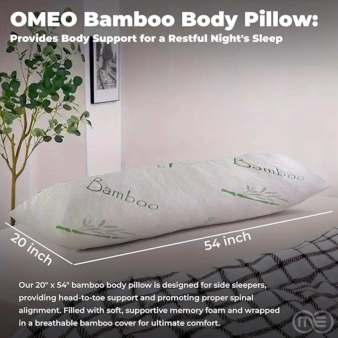 OMEO Full Rayon Bamboo Fiber Pillow Memory Foam Body Pillow for Side Sleeper, Huggable Long Body Pillow for Adults with Washable Body Pillow Pillowcase with Zipper, 20x54 Inch