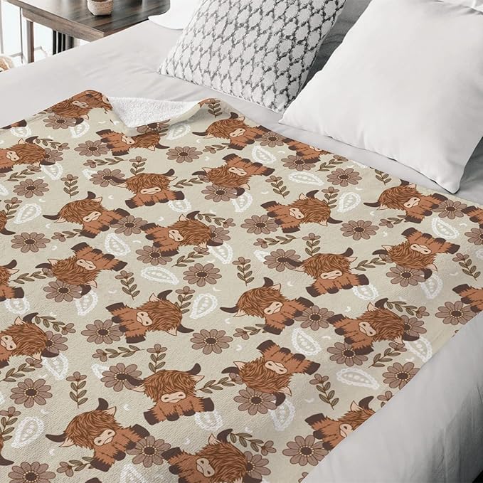 Boho Highland Cow Paisley Floral Baby Blanket Girls Gift, Beige Western Cowgirl Flower Flannel Fleece Nursery Bed Blankets, Soft Lightweight Newborn Infant Toddler Kids Crib Bedding 40 x 50
