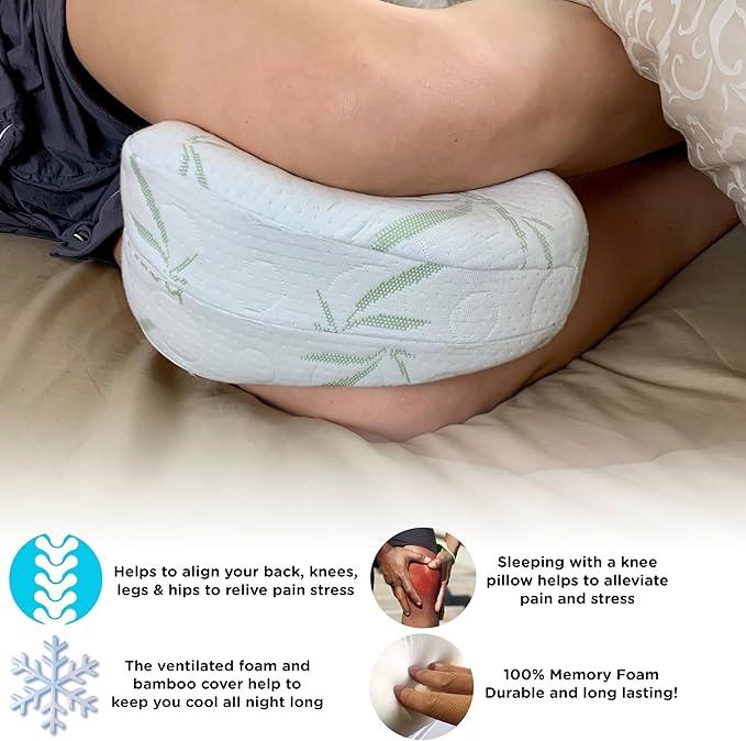 Sacred Thread Memory Foam Knee Pillow for Side Sleepers, for Knee, Hip, and Back Pain, Cooling Rayon Made from Bamboo Cover, Pillow for Between Legs (White Heart)