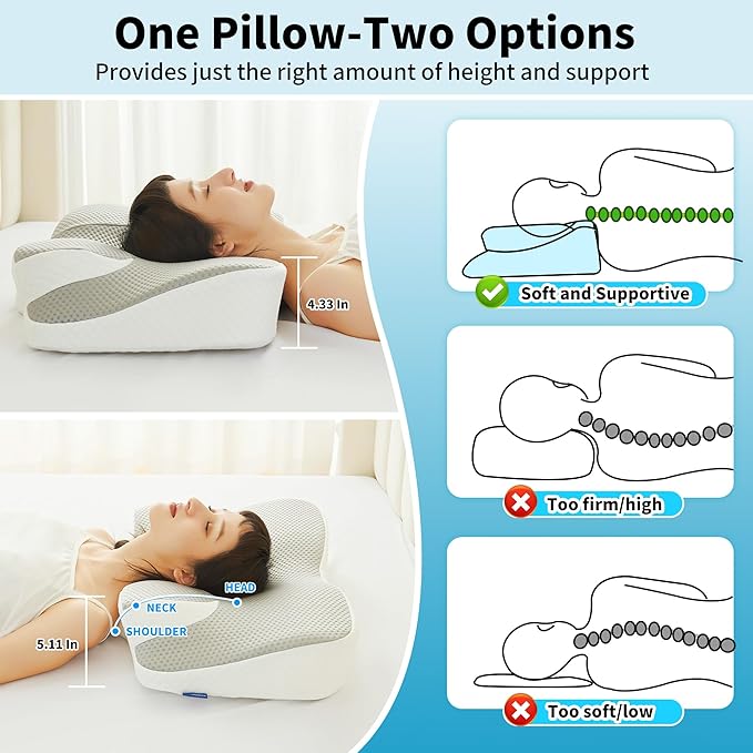 Cervical Neck Pillow for Pain Relief, Contour Memory Foam Pillows for Sleeping, Ergonomic Neck Support Pillow, Suitable for Side Back Stomach Sleepers with Cooling Pillowcase, Grey