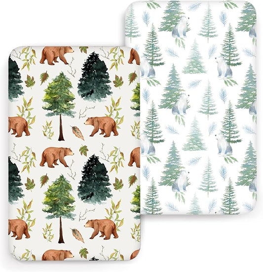ACRABROS Crib Sheets for Girl Boy: Stretchy Baby Fitted Crib Mattress Sheets Sets 2 Pack Standard Size Ultra Soft Neutral, Bears &Forest