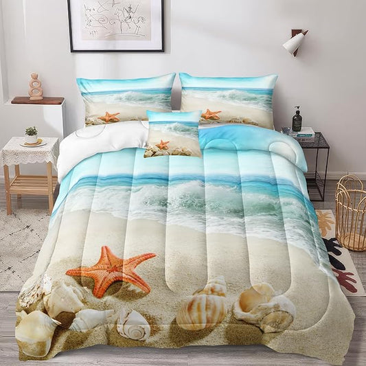 Bedbay Seashell Comforter Coastal Bedding Comforter Set Twin Size Boys Girls Beach Theme Bedding Set Beach Room Decor Starfish Seashore Beach Quilt Set 3 Pcs (Conch,Twin)