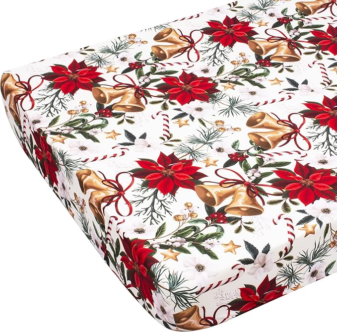 JISEN Baby Crib Sheet 1 Piece Portable Fitted Crib Sheet for Standard Crib and Toddler Mattresses Nursery Bed Decor for Boys Girls 28x52 Inch Christmas Flower