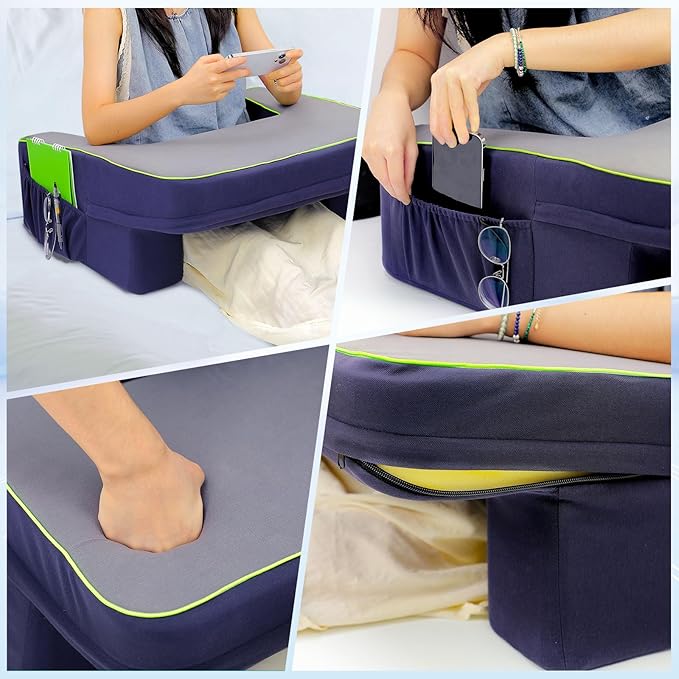 Reading Pillow for Gaming, Arm Rest Lap Pillow Memory Foam Bed Rest Pillow for Working, Soft Lap Desk Pillow Gaming Pillow with Side Pockets, Pillow for Sitting in Bed Floor Sofa Laptop