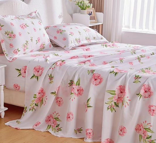 Full Size Bed Sheets Set White Pink Floral Bed Sheets Girls Cute Microfiber Cooling Sheets 4 Pieces Kids Full Bed Set Wrinkle Free, 15 inch Deep Pocket Fitted Sheet, Flat Sheet, Pillowcases