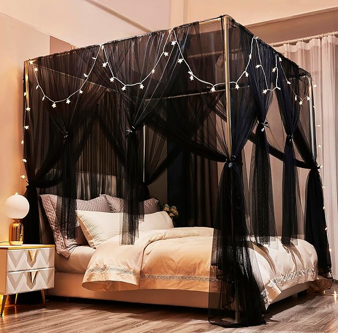 Mengersi Bed Canopy Canopy Bed Curtains with Lights- 4 Corners Post Royal Bed Drapes Mosquito Net- Elegant Bedroom Decoration Accessories for Adults(Queen,Black)