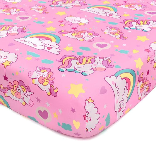 JISEN Baby Crib Sheets Soft Breathable Unicorns Fitted Crib Sheets Pink Baby Sheet for Standard Crib and Toddler Mattress Baby Bed Sheets for Crib for Baby Boys Girls Neutral 52x28 Inch