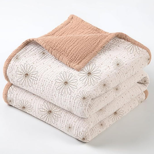 Lulu moon Muslin Quilt Blanket, Crib Blanket for Baby and Toddler,47x47 Inches(Pink Daisy)