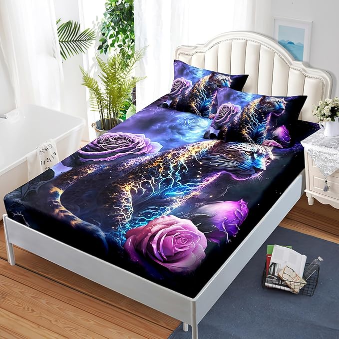 AILONEN Leopard Fitted Sheet Set Full Size, Purple Flower and Cheetah Bed Sheet Set Leopard Print Fitted Sheet with 2 Pillowcases,3 Pieces Leopard Sheets Set for Boys Girls