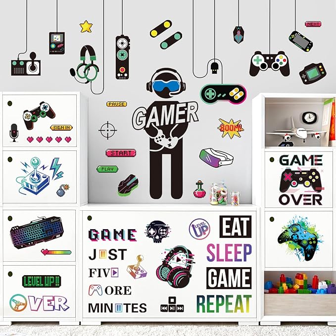 decalmile Gamer Wall Decals Gaming Controller Eat Sleep Game Joystick Wall Stickers Kids Bedroom Playroom Boys Room Wall Decor
