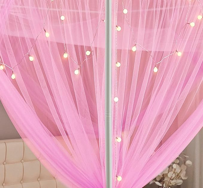 Mengersi Canopy Bed Curtains Bed Canopy with Lights for Girls, Bed Netting Unique Style 4 Door Mosquito Net for Adults Women Bedroom Decor (Pink+Lights, Twin/Twin XL)