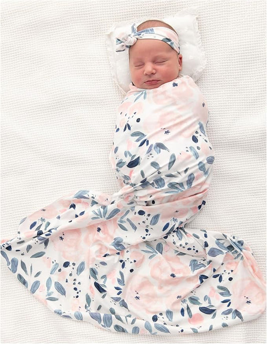 Newborn Baby Girl Receiving Blanket Swaddle Blanket Stretchy Knit Swaddle Set with Matching Headband and Beanie (Ink and Pink Floral)