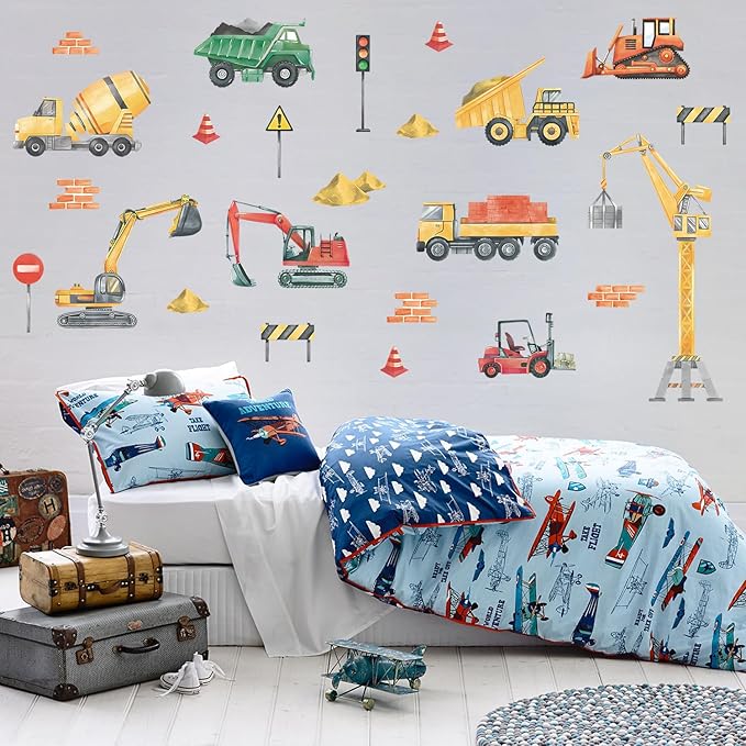 LHIUEM 30PCS Cars Wall Decals Watercolor Trucks Wall Stickers Engineering Vehicle Wall Decor for Kids Gifts Traffic Signal Construction Wall Decals for Boys Room Playroom Bedroom Classroom