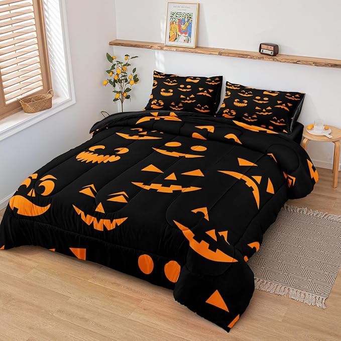 Bedbay Halloween Queen Comforter Set Black Orange Ghost Bedding Set for Kids Boys 4 Pcs Soft and Breathable Comforter Halloween Room Decor(Orange,Queen)