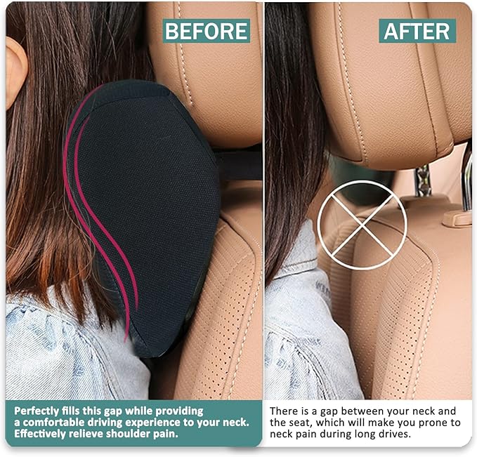 Super Fit Car Headrest Pillow, Car Pillow for Driving with Adjustable Strap, 100% Memory Foam Neck Pillow, Breathable Removable Cover & Ergonomic Design - Softness Travel Car Neck Pillow(Black, 1Pc)