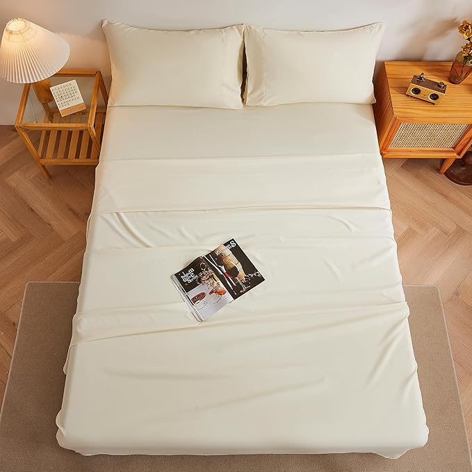 King Sheets Cream, Ultral Soft Cationic Linen Look Sheets, Luxury Cooling Cozy Bed Sheet Set with Non-Slip Fitted Sheet
