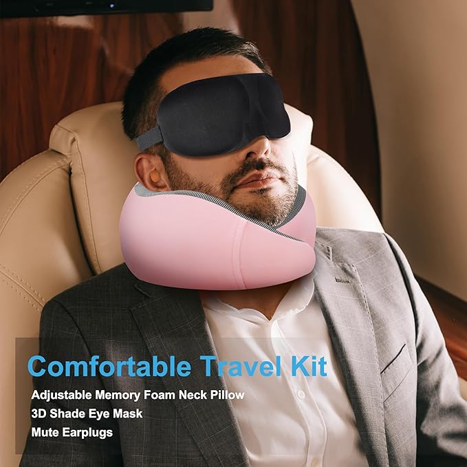 MULIHOMI™ New Packaging Updated Travel Pillow for Airplane with 100% Memory Foam, 360° Adjustable Full Surrounding Flying Neck Pillows, Travel Pillow Set with 3D Eye Masks, Earplugs (Pink)