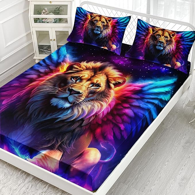 AILONEN Lion Fitted Sheet Set Queen Size, 3 Pieces Printed Evening Starry Wings Lion Bed Sheet Set,Colorful Tie Dye Rainbow Fitted Sheet with 2 Pillowcases