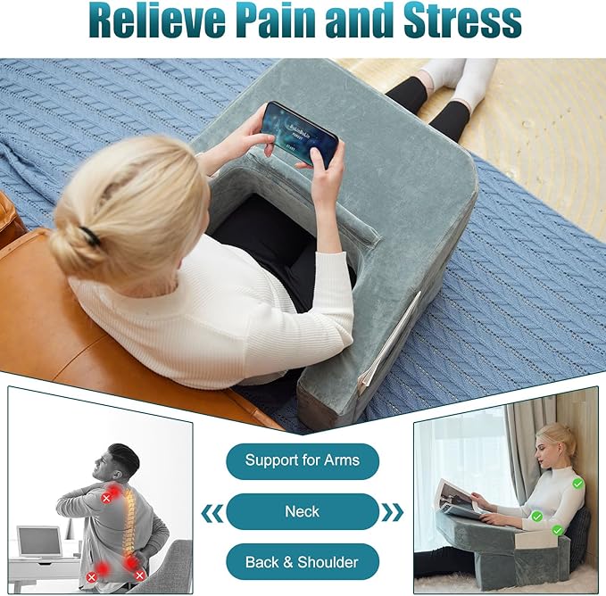 Soft Reading Pillow for Gaming,Arm Rest Lap Desk Pillow,Bed Rest Pillow for Adults Reading,Working,Crocheting,Playing Steam Deck Switch or Sitting in Floor Sofa,Two Side Pockets & Anti-Slip Strip