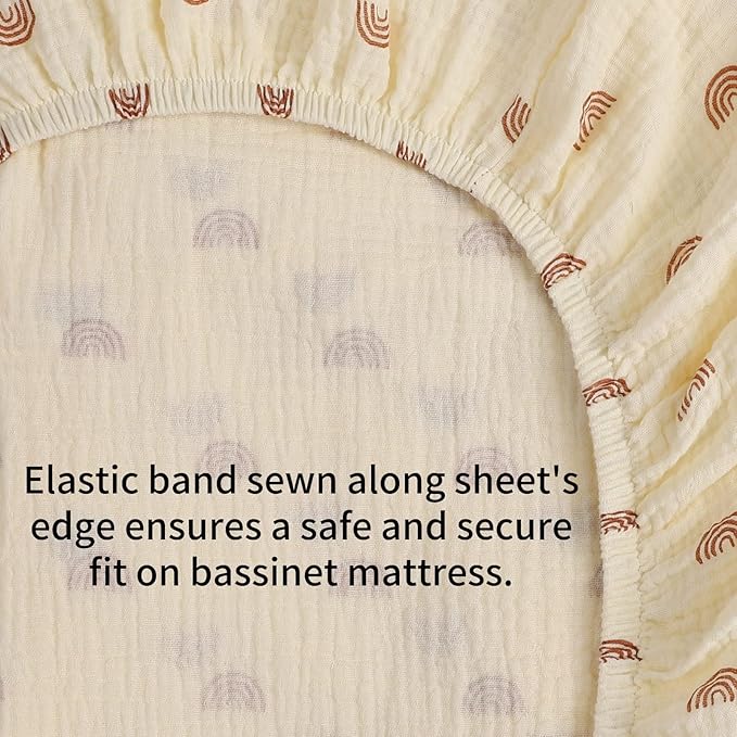 Muslin Bassinet Sheets 30"x 16" Compatible with Fisher-Price Soothing Motions and Dream On Me Lacy Baby Bassinet, 2 Pack 100% Cotton, Natural and Rainbow