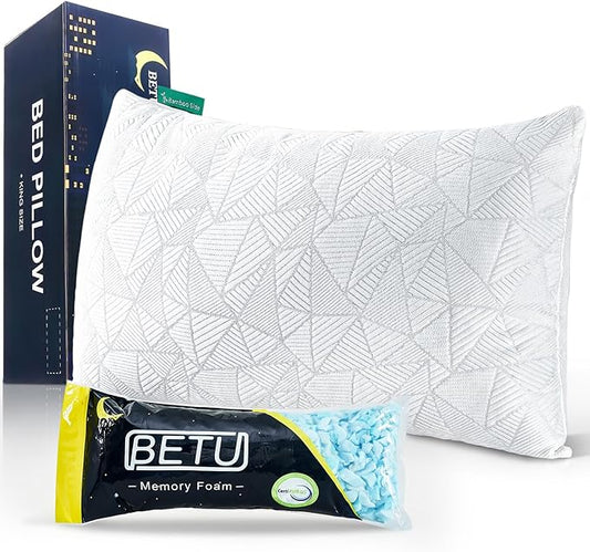 BETU Cooling King Size Pillow, Shredded Memory Foam Cool Pillow for Hot Sleepers, Adjustable Firm Soft Support Bed Pillows Perfect for Back Neck Pain and Side Sleeping with Pillow Case Cover, White