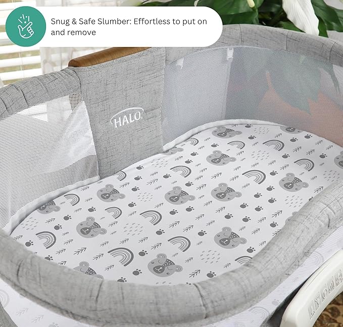 TansyPanda Bassinet Sheets for Halo Bassinest Swivel, Flex, Glide, Premiere and Luxe Series Sleeper, Pack of 3, 33 X 17 Inch, Ultra Soft and Snug Fit, Unisex Boys Girls, Gray White (Woodland Rainbow)