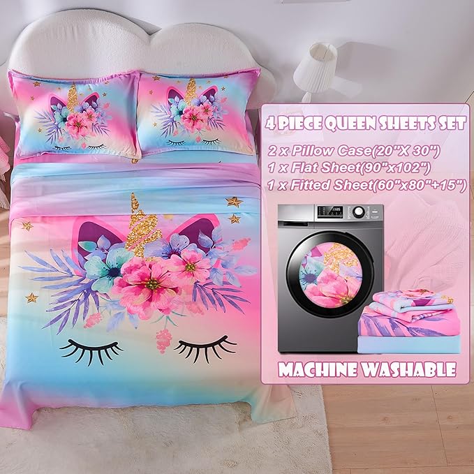 VIVILINEN Queen Size Sheet Set 3 Piece Rainbow Unicorn Kids Queen Bed Sheet Set for Girls Deep Pocket Bedding Set Bed Fitted Sheet Set Include Flat Sheet, Deep Pocket Fitted Sheet and 2 Pillowcase