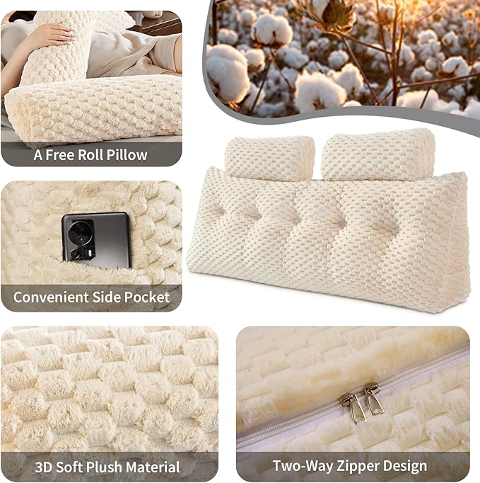 Wedge Headboard Pillow - Bed Wedge Pillow for Headboard Triangular Headboard Pillow with Neck Roll Pillow-Large Bolster Pillow for Sitting in Bed Backrest Positioning Support (Beige,59x8x20 Inches)